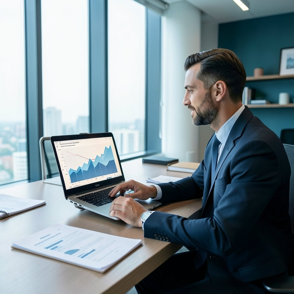 Accountant reviewing tax charts on a laptop