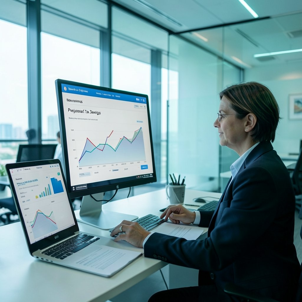 A freelance consultant reviewing income charts on a laptop and a monitor