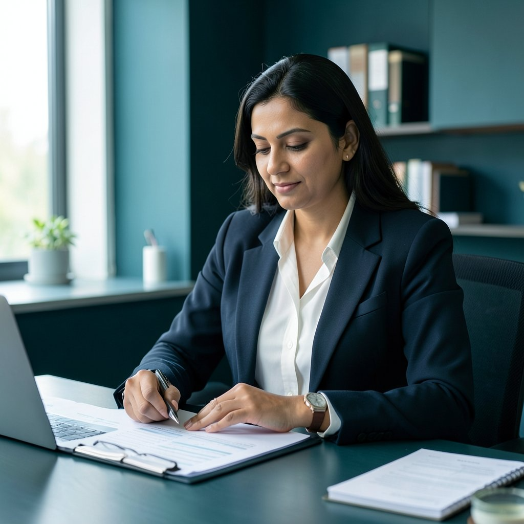 A chartered accountant reviewing tax documents at her desk