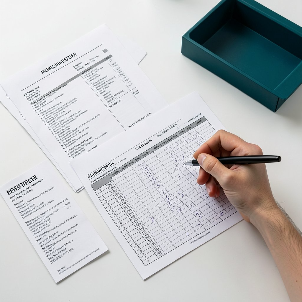 A hand marking figures on printed tax forms